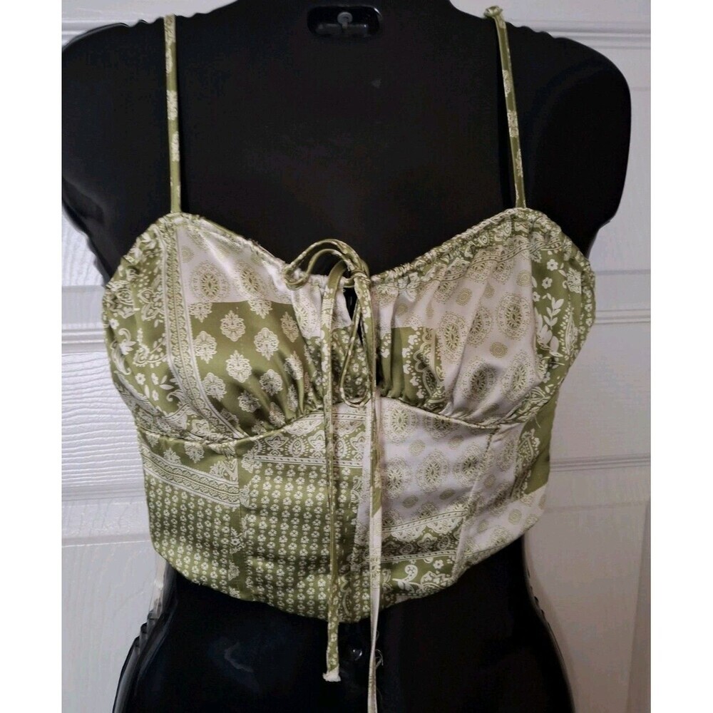 L.A. Hearts Babydoll Bandana Paisley Corset Crop Top Green Satin Smocked Y2K